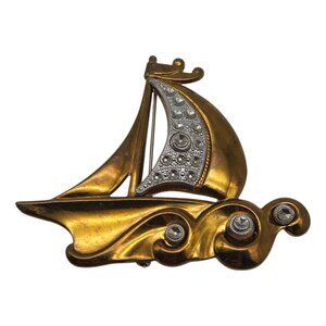 Vintage Brass Sailbaot Sailing Waves Brooch 3" Nautical Boat Retro Silver Tone